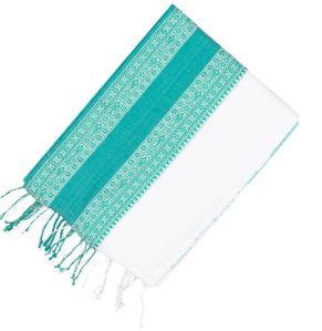 White Cyan Border Woven Ladies Bengal Cotton Saree