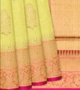 Yellow Handloom Banarasi Linen Saree With Floral Zari Buttas