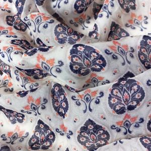 Ivory Maroon Indigo Viscose Organza Printed Fabric