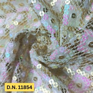 Premium Sequins Embroidery Fabric – Light Pink & Gold Square Design