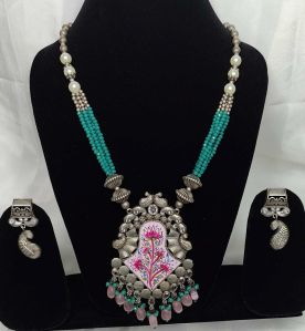 Enameled Hand Painted Minakari Necklace Set In Silver Frame Surrounded By Beads In Various Colors