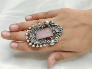 Oxidised Silver Ring Elephant Design Pink Stone For Women &AMP;AMP; Girls