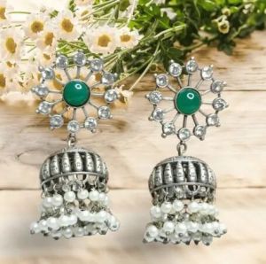 Silver Replica Green Stone Jhumka Earrings For Women and Girls