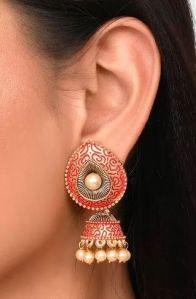 Trendy Jhumki, Red Meenakari Enamel Teardrop Shape Jhumki Earrings