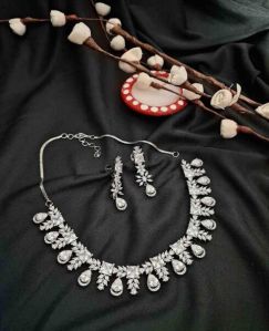 Zevarly Nayna Cz Necklace Set White Silver Plated