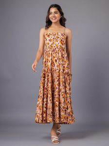 Beige AND Brown Abstract Print Strappy Tiered Maxi Dress