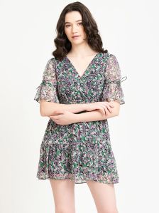 Black Green Ditsy Floral V Neck Dress