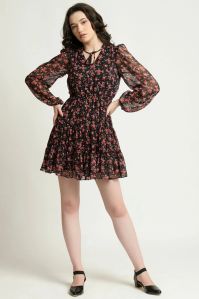 Black AND Red Floral Mini Dress With Sheer Full Sleeves