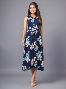 Blue Big Floral Printed Button Down Midi Shirt Dress