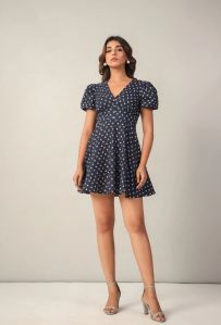 Blue Floral Print V Neck Fit &AMP;AMP; Flare Waist Yoke Dress