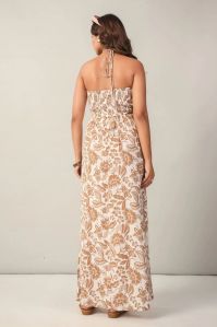 Brown Off White Floral Halter Neck Side Slit Sheath Maxi Dress