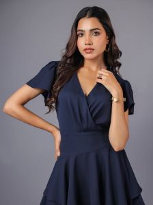 Deep Blue Wrap Ruffle Mini Dress