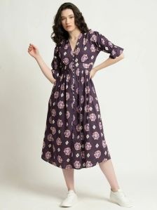 Deep Violet Button Down V Neck Midi Fit AND Flare Dress