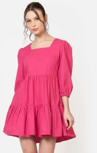 Fuschia Cotton Poplin Square Neck Mini Dress