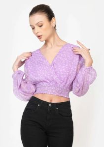 Lavender Chiffon Overlap Smocked Ribbed Crop Top