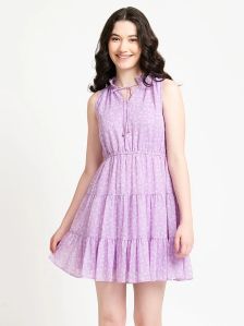 Lavender Floral Print Ruffled Collar Sleeveless Mini Dress