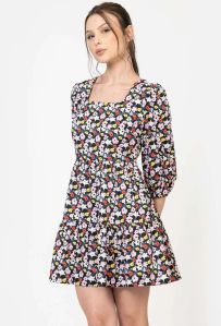 Multicolor Cotton Satin Square Neck Mini Dress