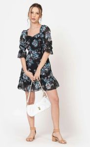 Raven Black Chiffon Floral Print Mini Dress