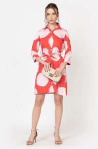 Red Polka Dot Cotton Modal Shirt Mini Dress