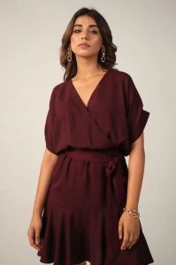 Wine V Neck Cinched Waist Mini Dress