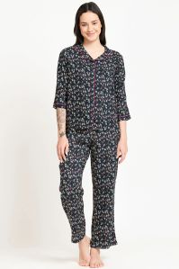 Women Black Floral Printed Night Suit