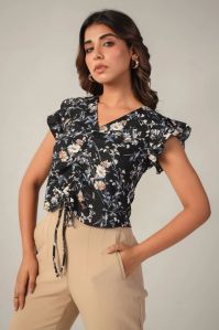 Women Black Floral Ruched Croptop