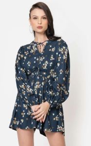 Women Blue Crepe Floral Print Playsuit