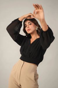 Women Chiffon  Crop Top With Smocked Waist