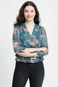 Women Green Chiffon Printed A-line Top