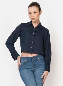 Women Navy Blue Full Sleeves Crop Shirt