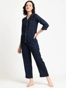 Women Polka Dot Navy Blue Night Suit