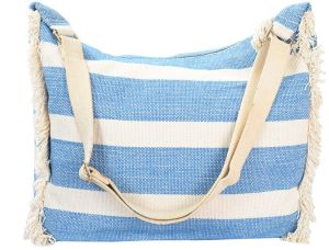 Women Blue & White Striped Canvas Beach Tote Bag