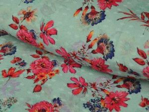 Mint Green &AMP;AMP; Red Floral Semi Pashmina Wool Fabric