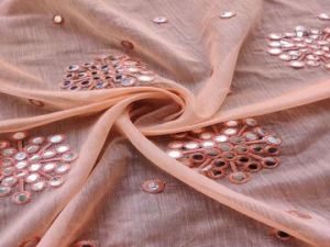 Orange Silver Mirror Work Floral Motifs Embroidered Chanderi Fabric