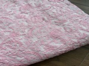 White &AMP;AMP; Pink Paisley Chikankari Embroidered Chanderi Fabric