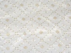 White Geometric Dyeable Lakhnavi Embroidered Viscose Dola Silk Fabric