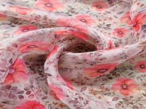 White Pink Flowers Printed Organza Fabric