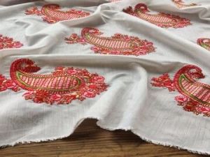 White Red Paisleys Kashmiri Embroidered Motifs Chanderi Silk Fabric