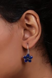 Blue Kundan Floral Drop Hook Women Earrings