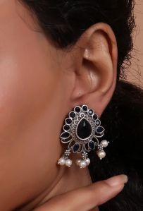 Blue Kundan Studs With Pearl Drop Women Earrings