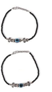 German Silver Anklets With Tortoise Charm And Black Beads For Women