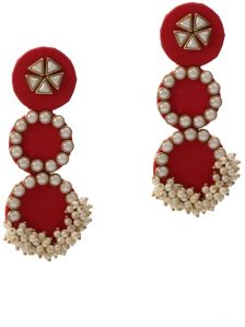 Lightweight  3-layer Round Red Fabric Earrings With Stone & Mogra Pearls For Women