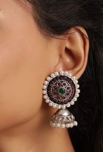 Oxidized Kemp Stone Women Jhumkas Earrings  With Moti Stick