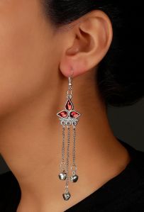 Red Tri-leaf Afghan German Silver Women Earrings