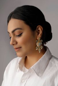 Sea Green Gold Stone Pearl Women Earrings