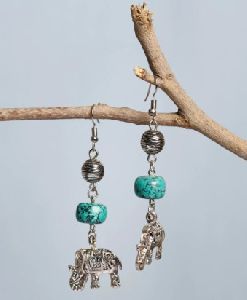 Turquoise Stone With Elephant Charm Dangler Women Earring