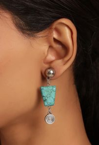 Turquoise Stone With Silver Bead Women Earring