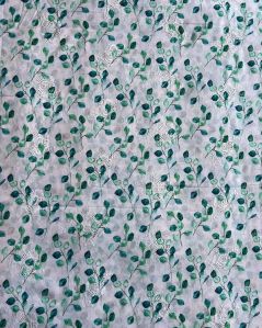 White Cotton Embroidered Fabric With Rama Leaf Print