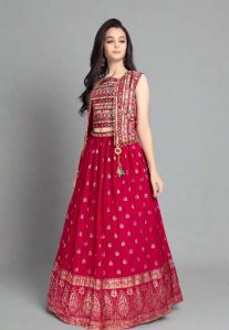 Red Lehenga With Sleeves Jacket For Girls