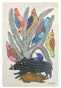 Gond Art Wild Boar & Birds Painting - A Traditional Masterpiece